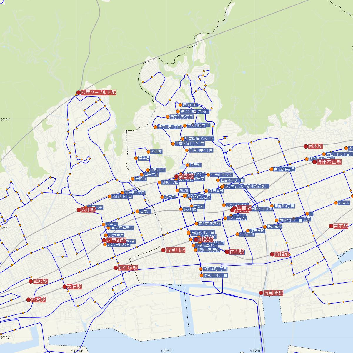 御影駅（阪急電鉄）周辺のバス路線図