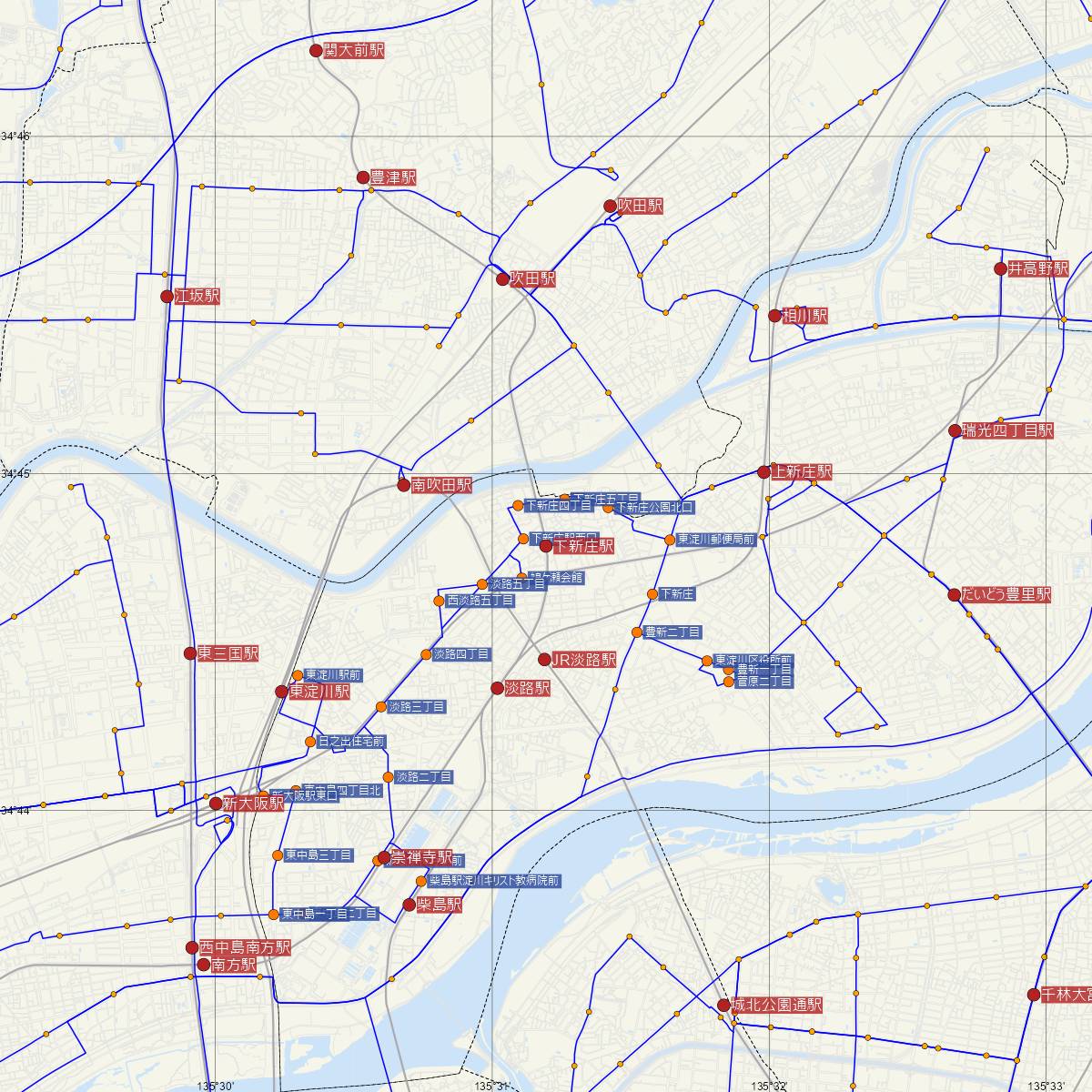 下新庄駅（阪急電鉄）周辺のバス路線図