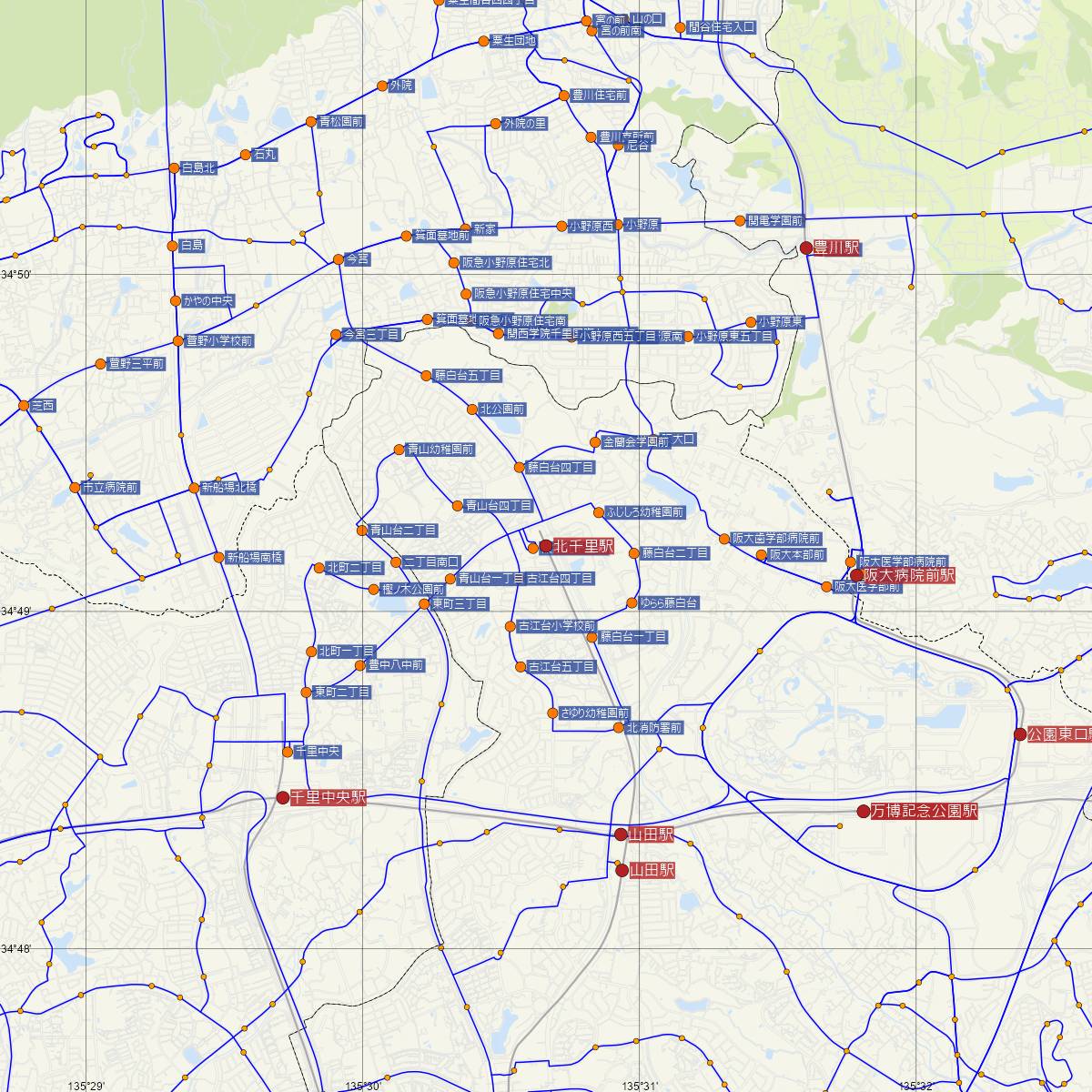 北千里駅（阪急電鉄）周辺のバス路線図