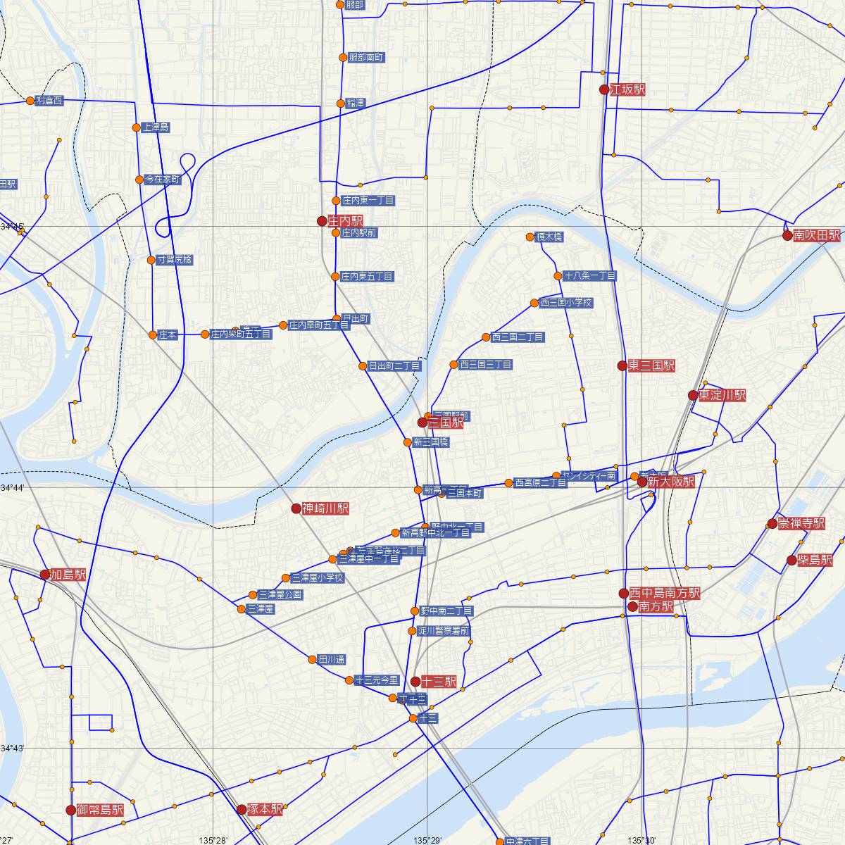 三国駅（阪急電鉄）周辺のバス路線図