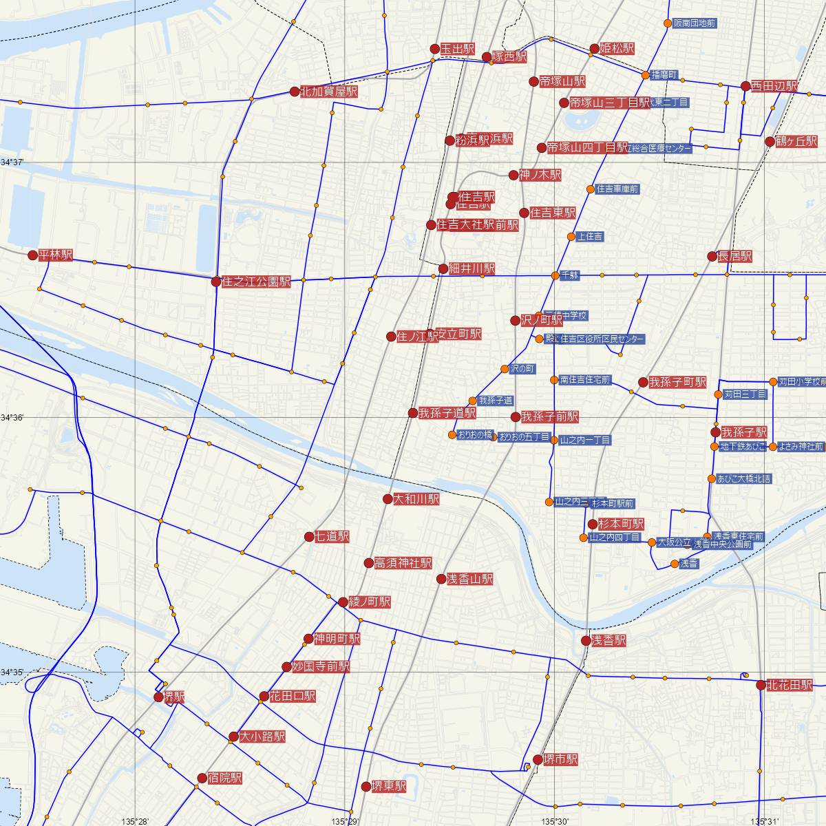 我孫子道駅（阪堺電車）周辺のバス路線図