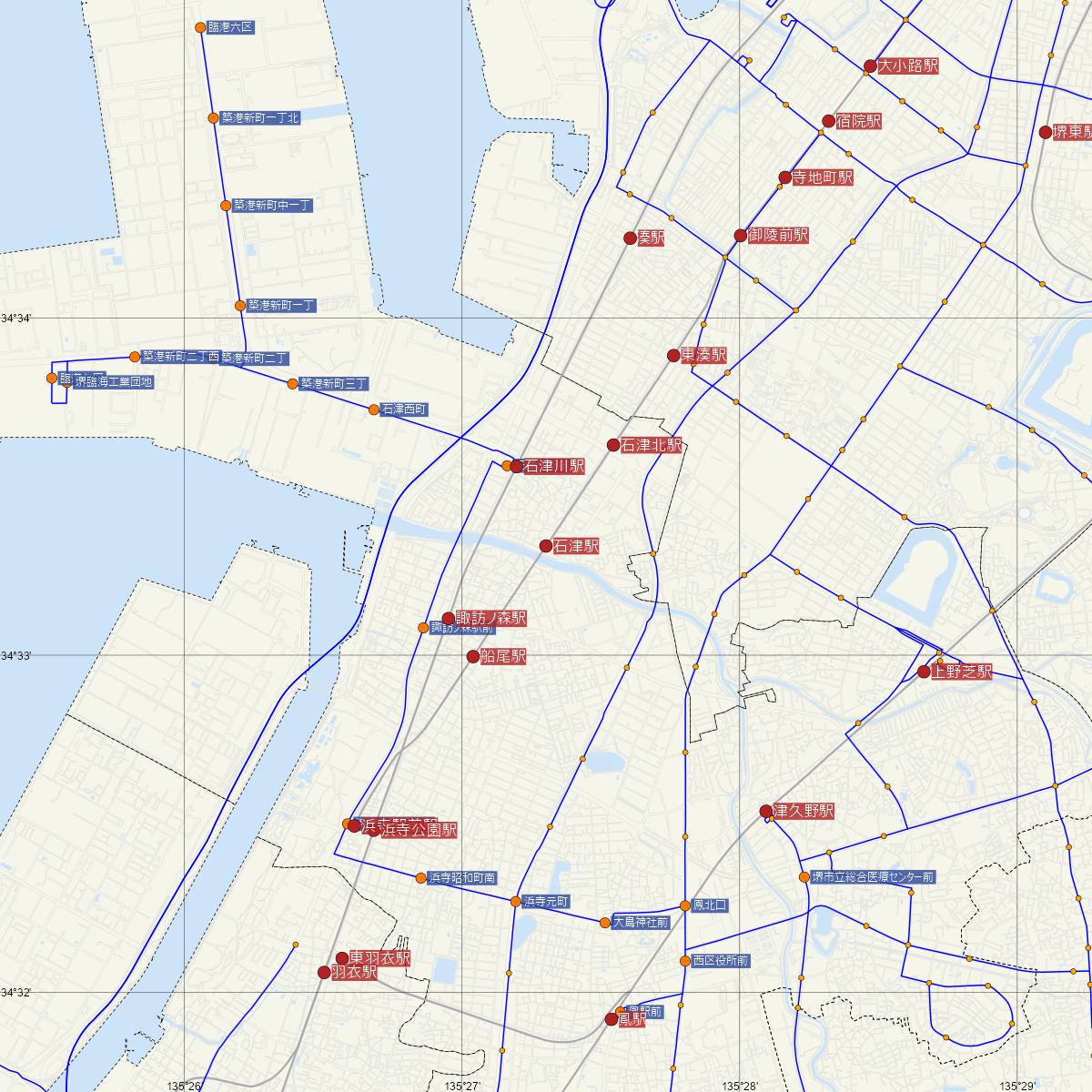 石津駅（阪堺電車）周辺のバス路線図