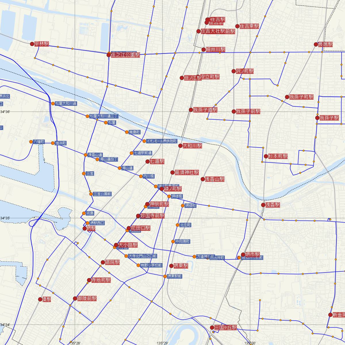 高須神社駅（阪堺電車）周辺のバス路線図