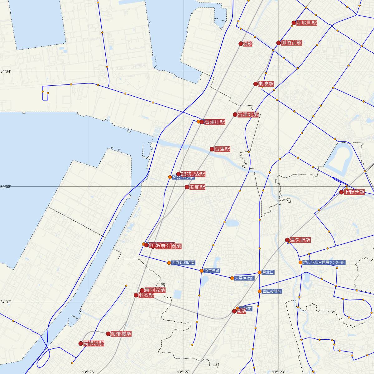 船尾駅（阪堺電車）周辺のバス路線図