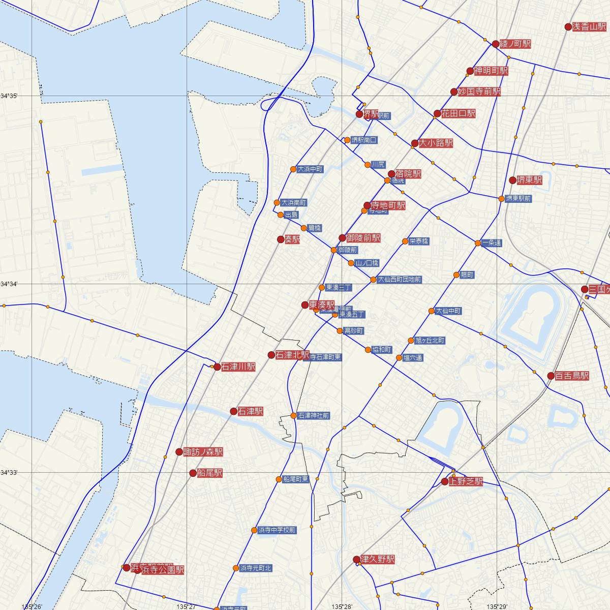 東湊駅（阪堺電車）周辺のバス路線図