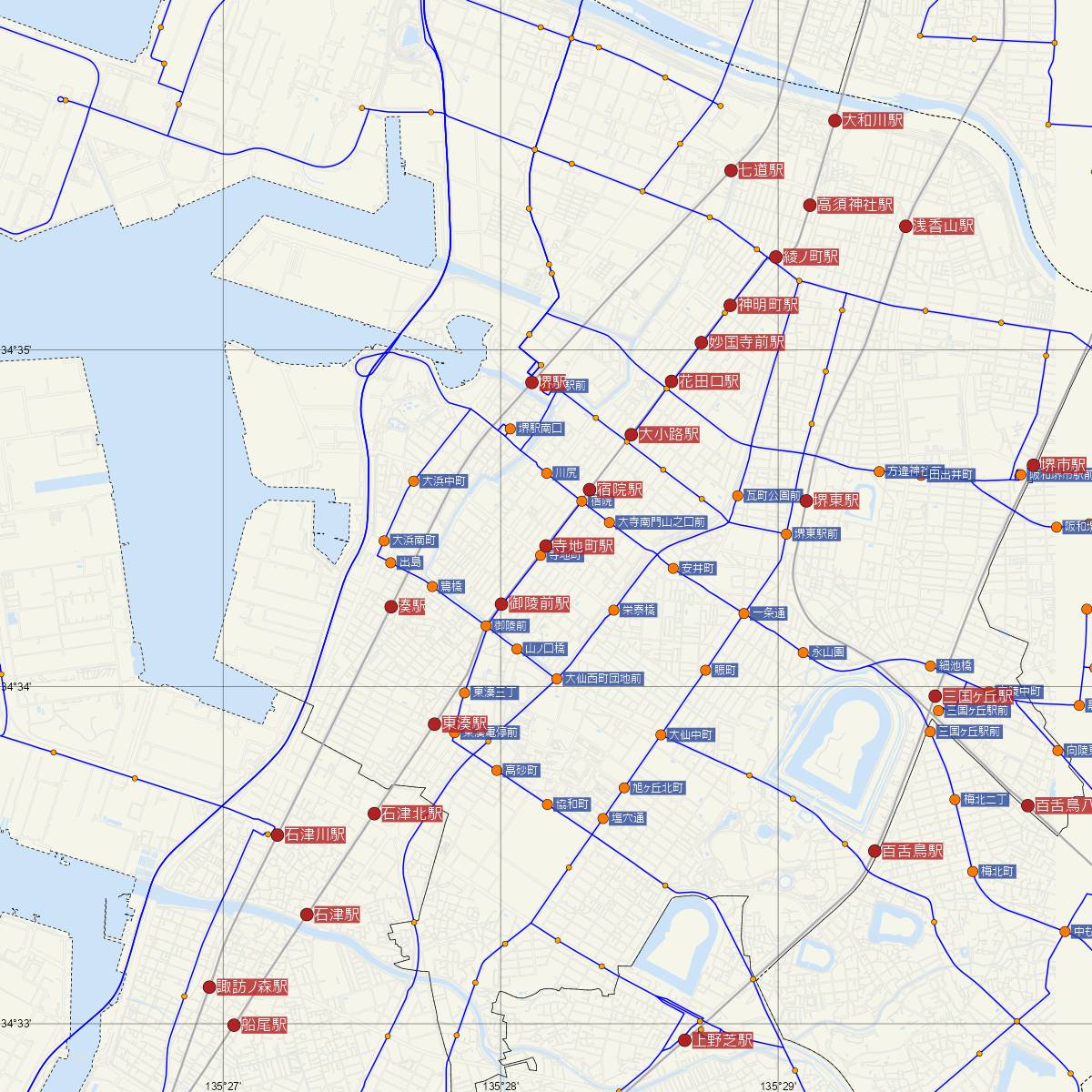 寺地町駅（阪堺電車）周辺のバス路線図