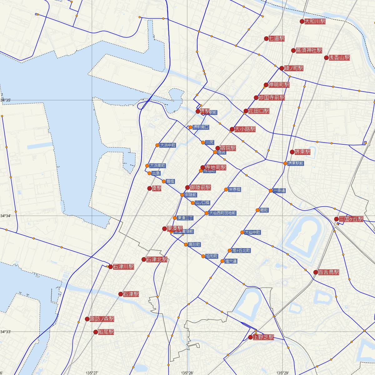 御陵前駅（阪堺電車）周辺のバス路線図