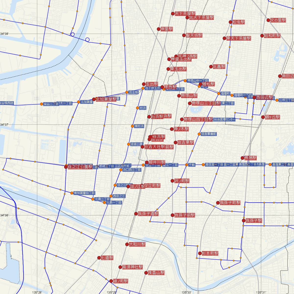 住吉鳥居前駅（阪堺電車）周辺のバス路線図