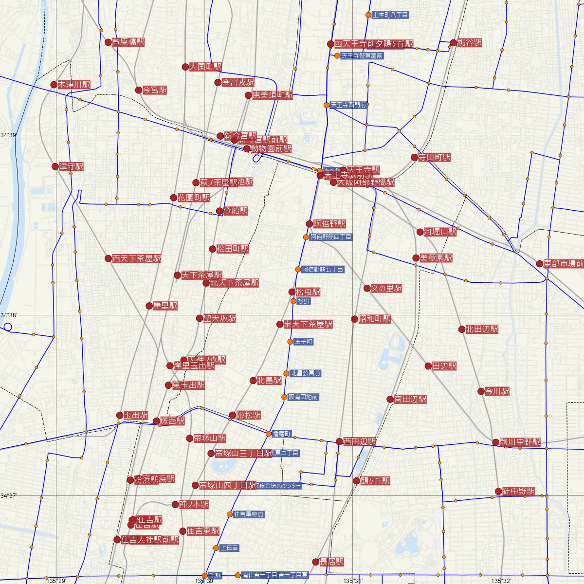 松虫駅（阪堺電車）周辺のバス路線図