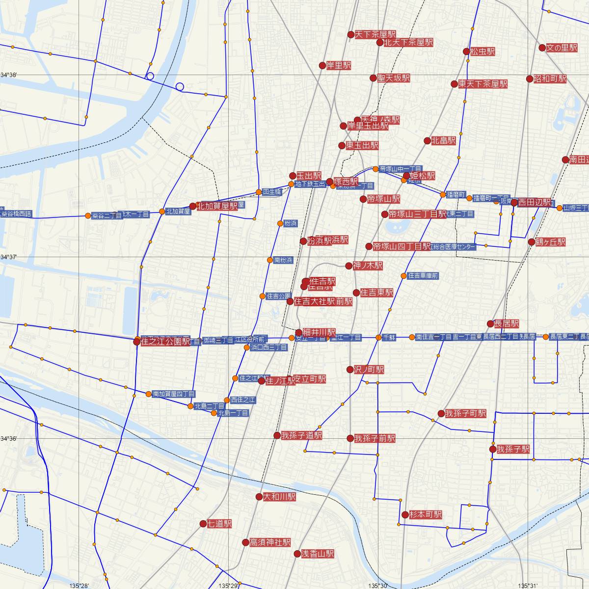 住吉公園駅（阪堺電車）周辺のバス路線図