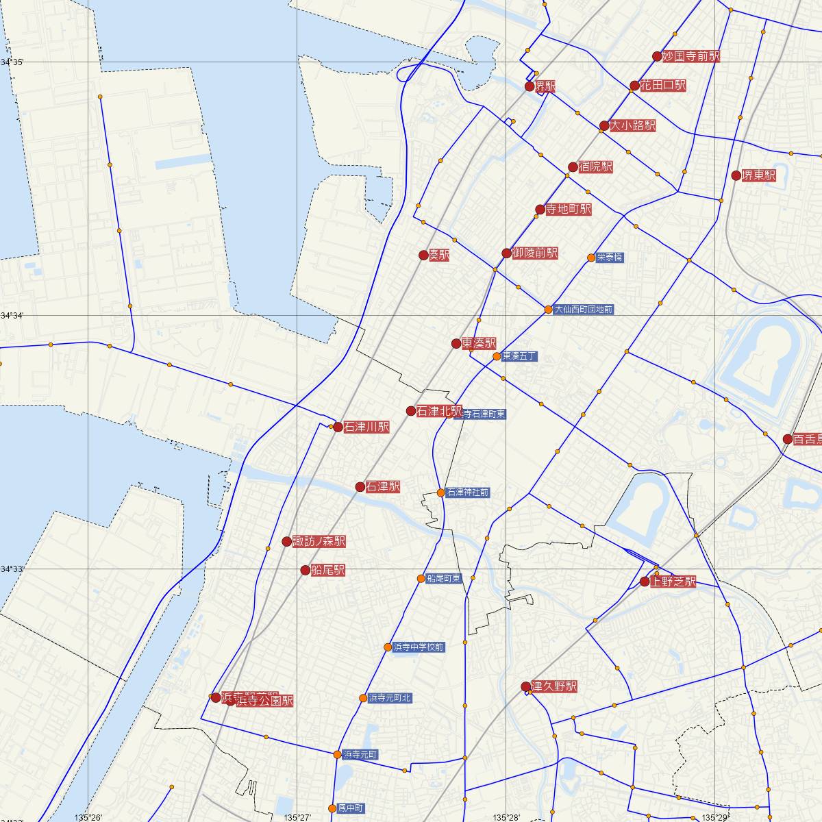 石津北駅（阪堺電車）周辺のバス路線図