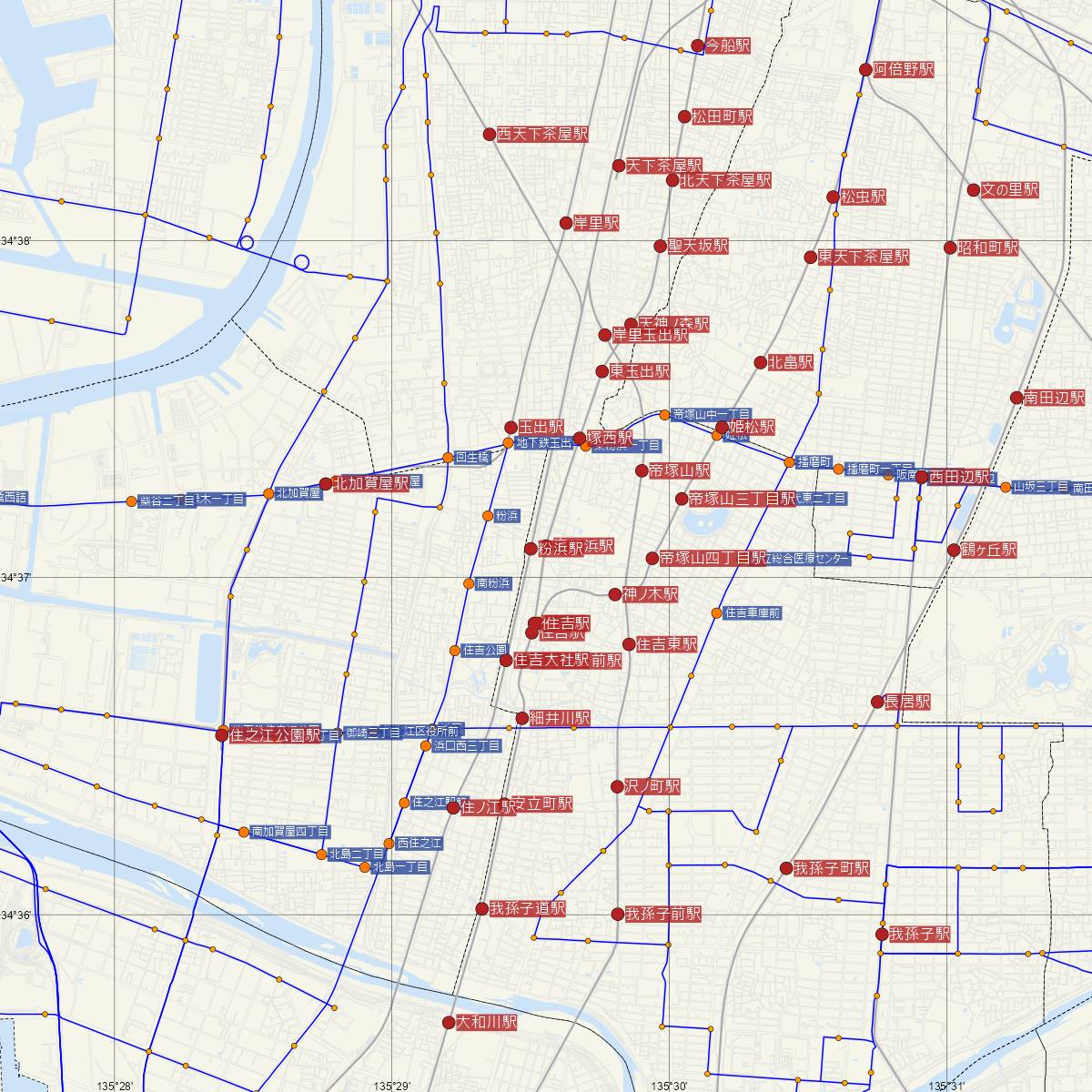 東粉浜駅（阪堺電車）周辺のバス路線図