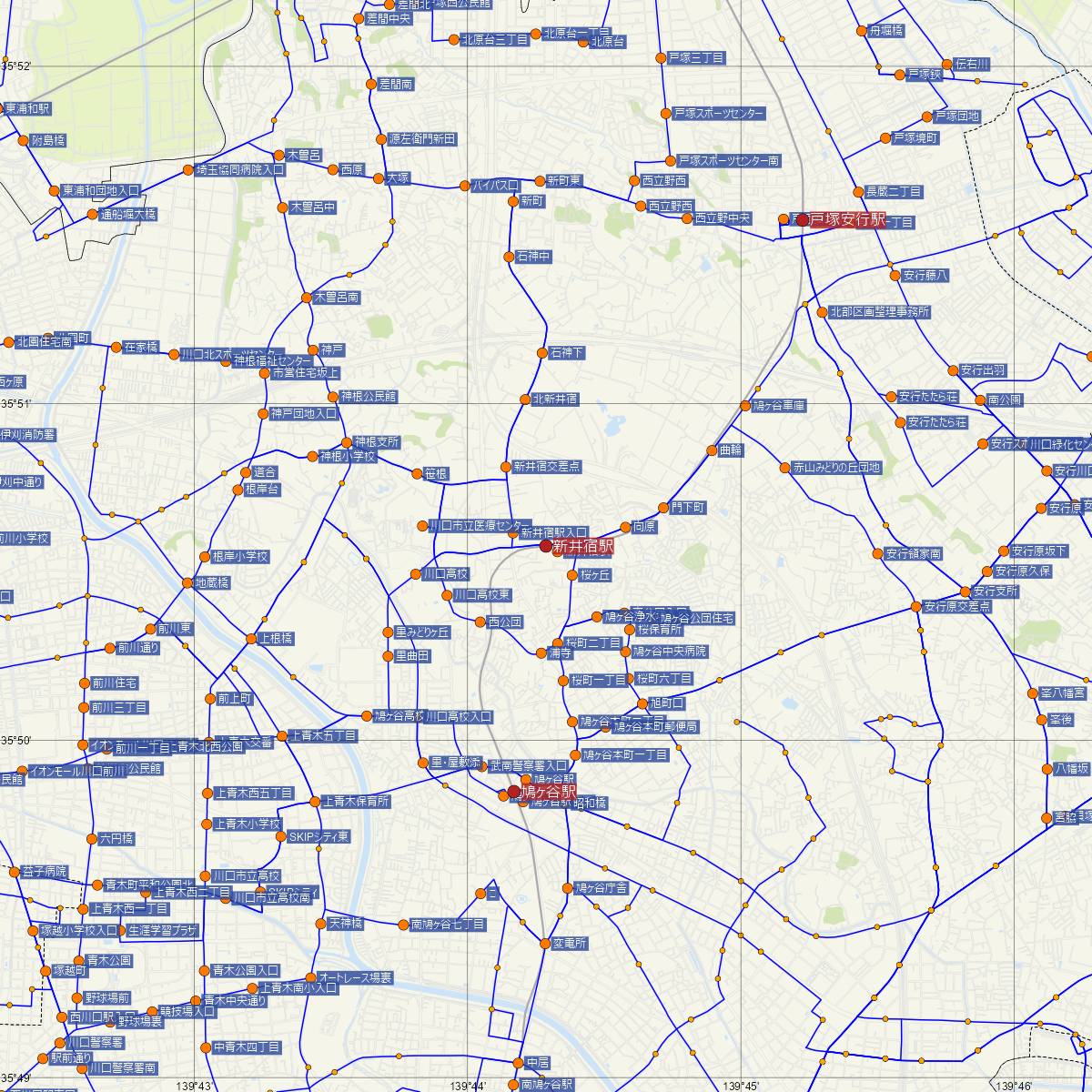新井宿駅（埼玉高速鉄道）周辺のバス路線図