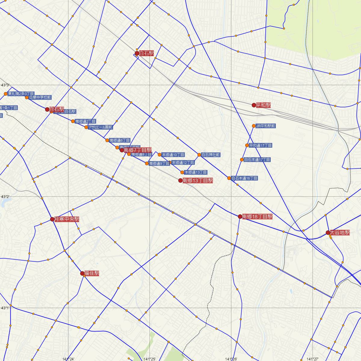 南郷13丁目駅（札幌市営地下鉄）周辺のバス路線図