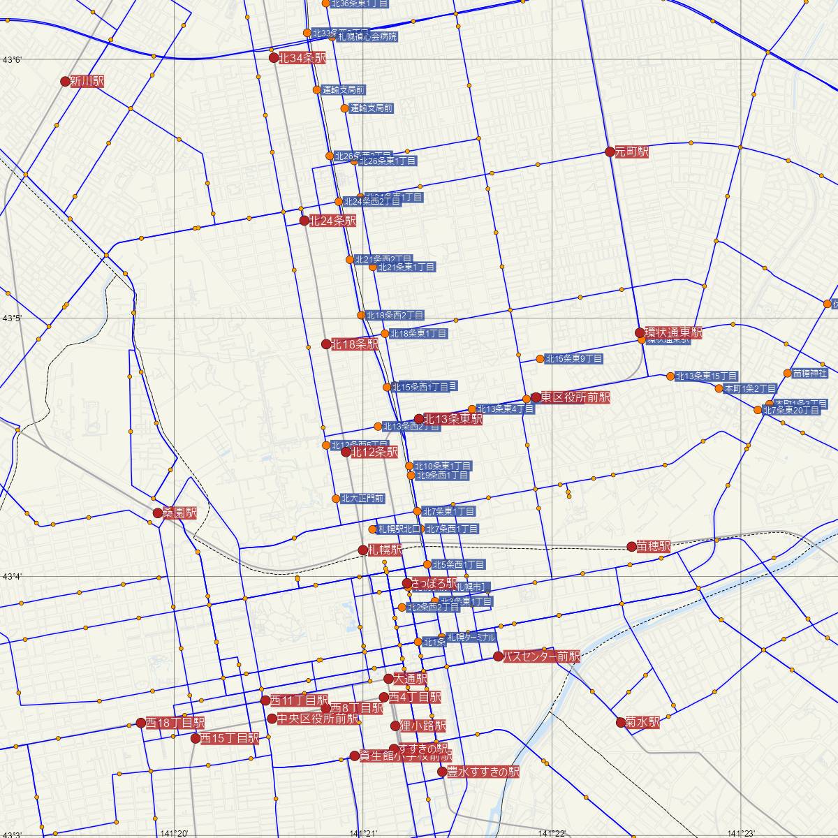 北13条東駅（札幌市営地下鉄）周辺のバス路線図