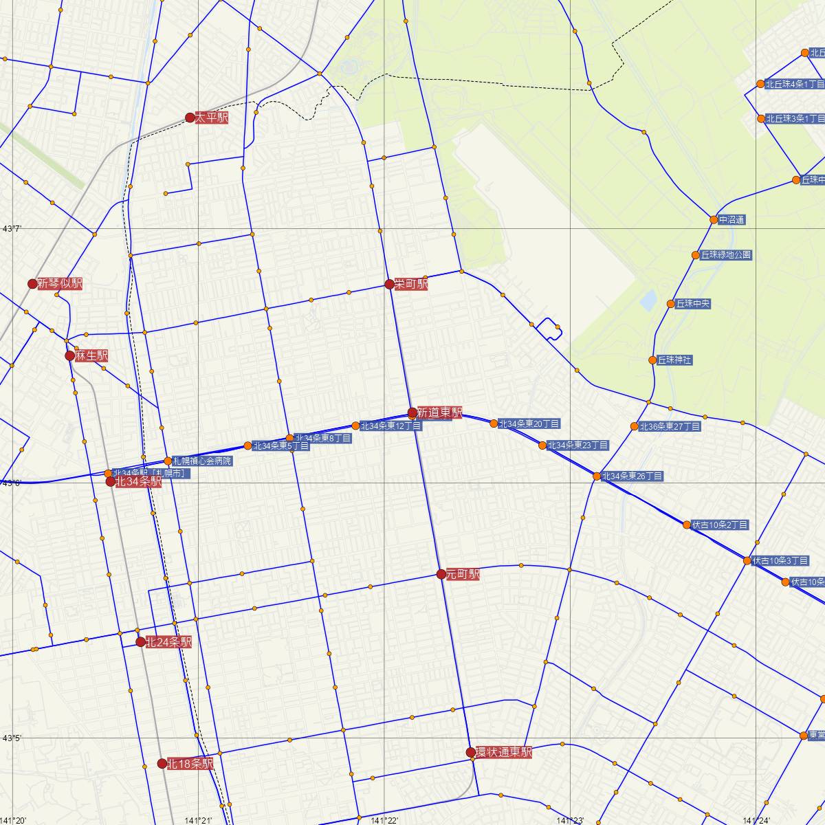 新道東駅（札幌市営地下鉄）周辺のバス路線図