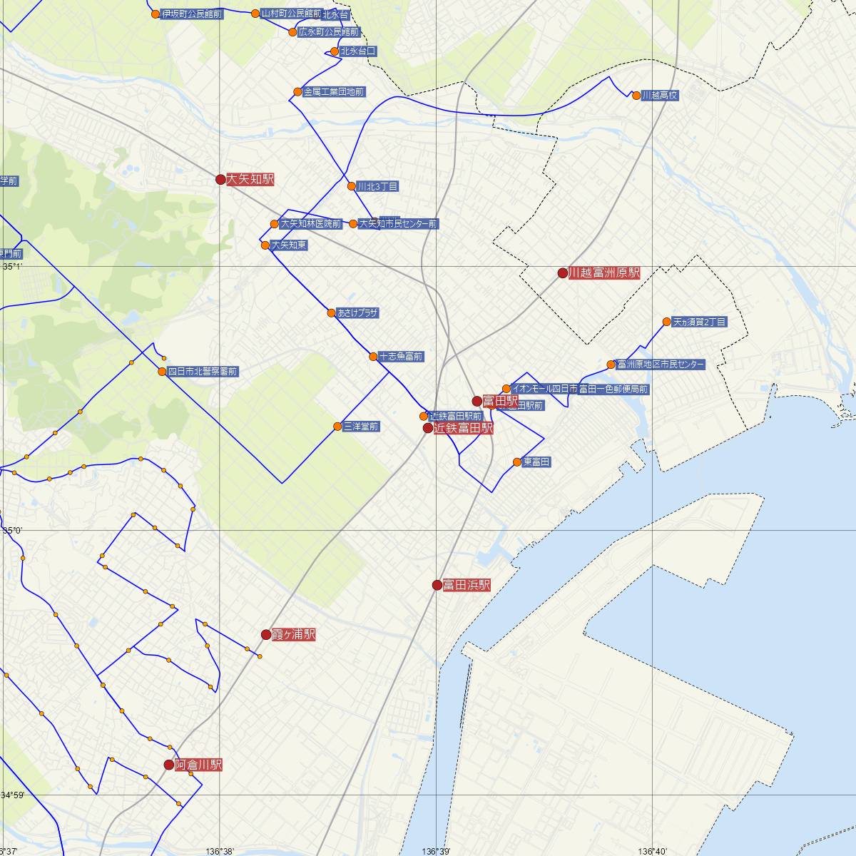 近鉄富田駅（三岐鉄道）周辺のバス路線図