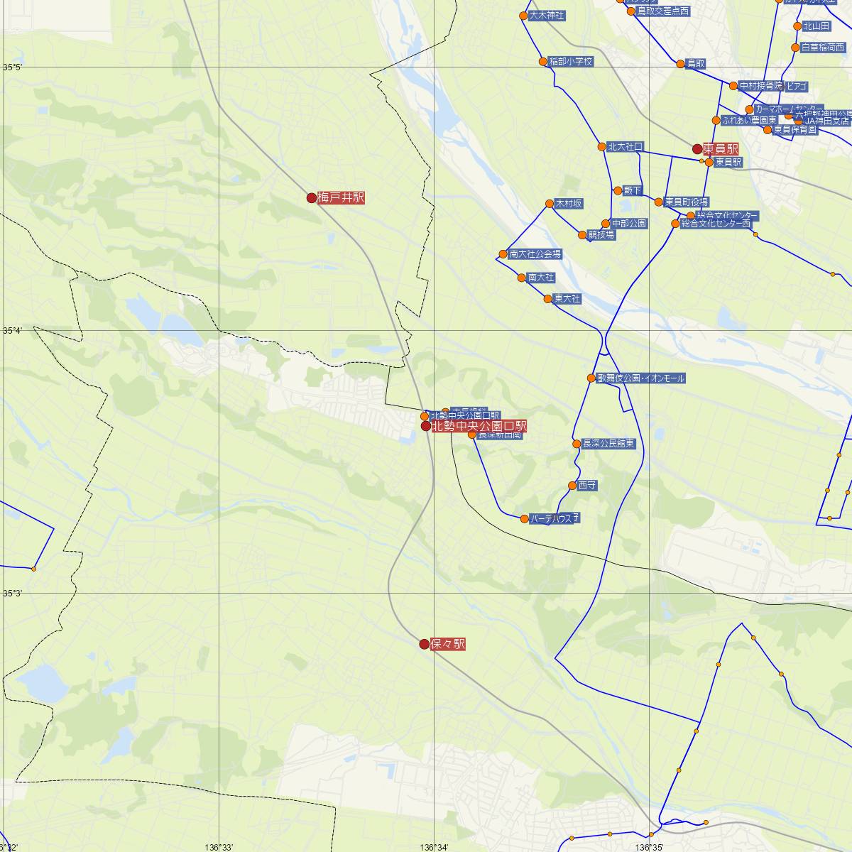 北勢中央公園口駅（三岐鉄道）周辺のバス路線図