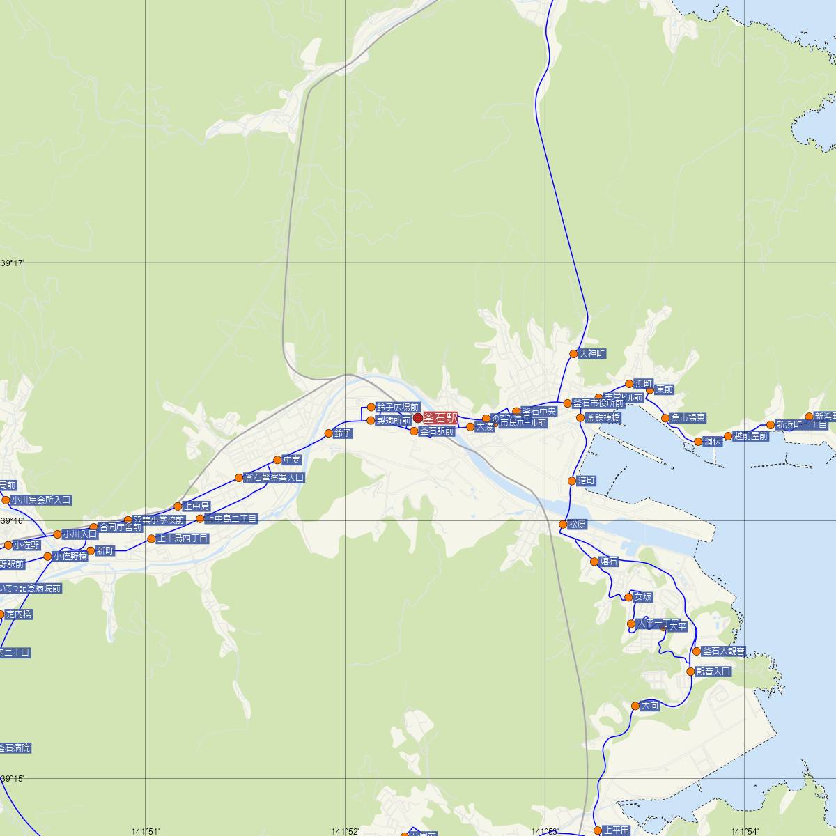 釜石駅（三陸鉄道）周辺のバス路線図