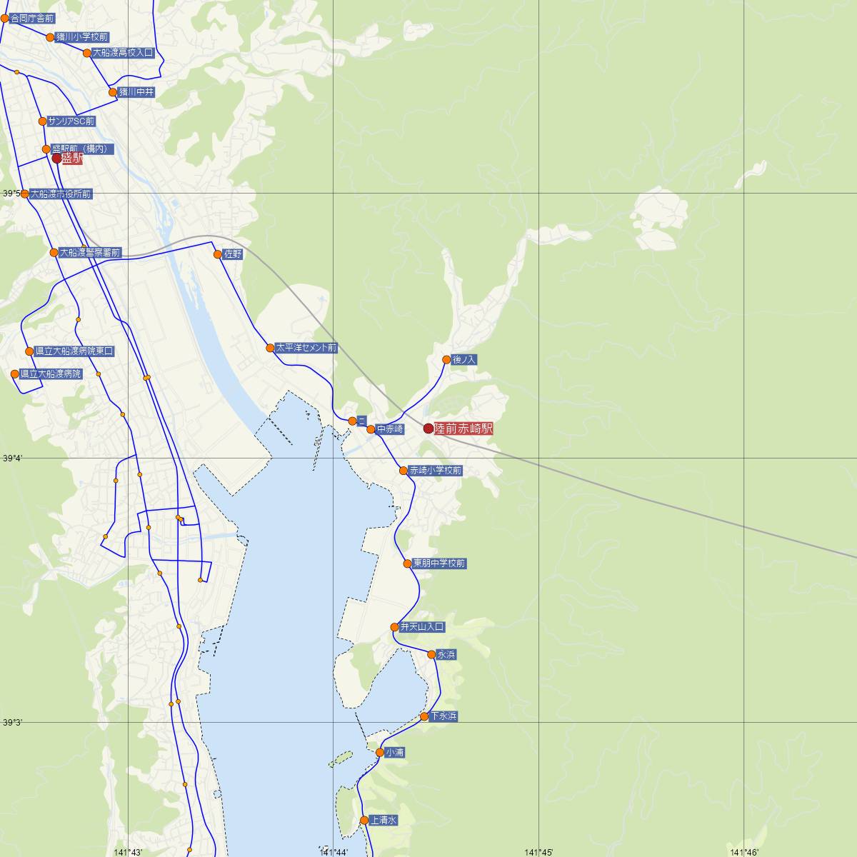 陸前赤崎駅（三陸鉄道）周辺のバス路線図