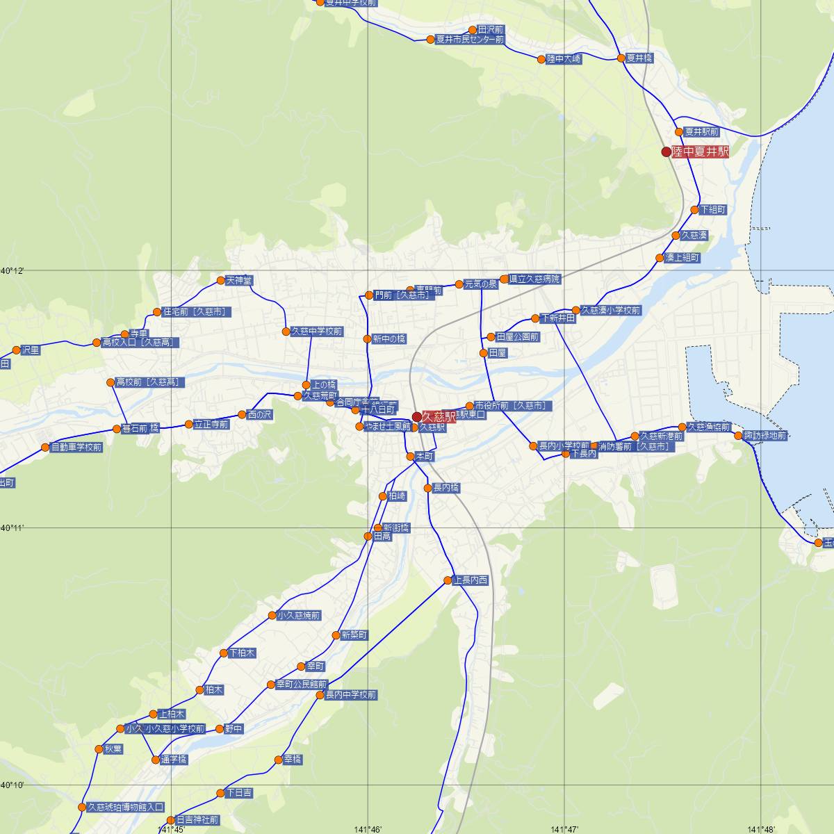 久慈駅（三陸鉄道）周辺のバス路線図