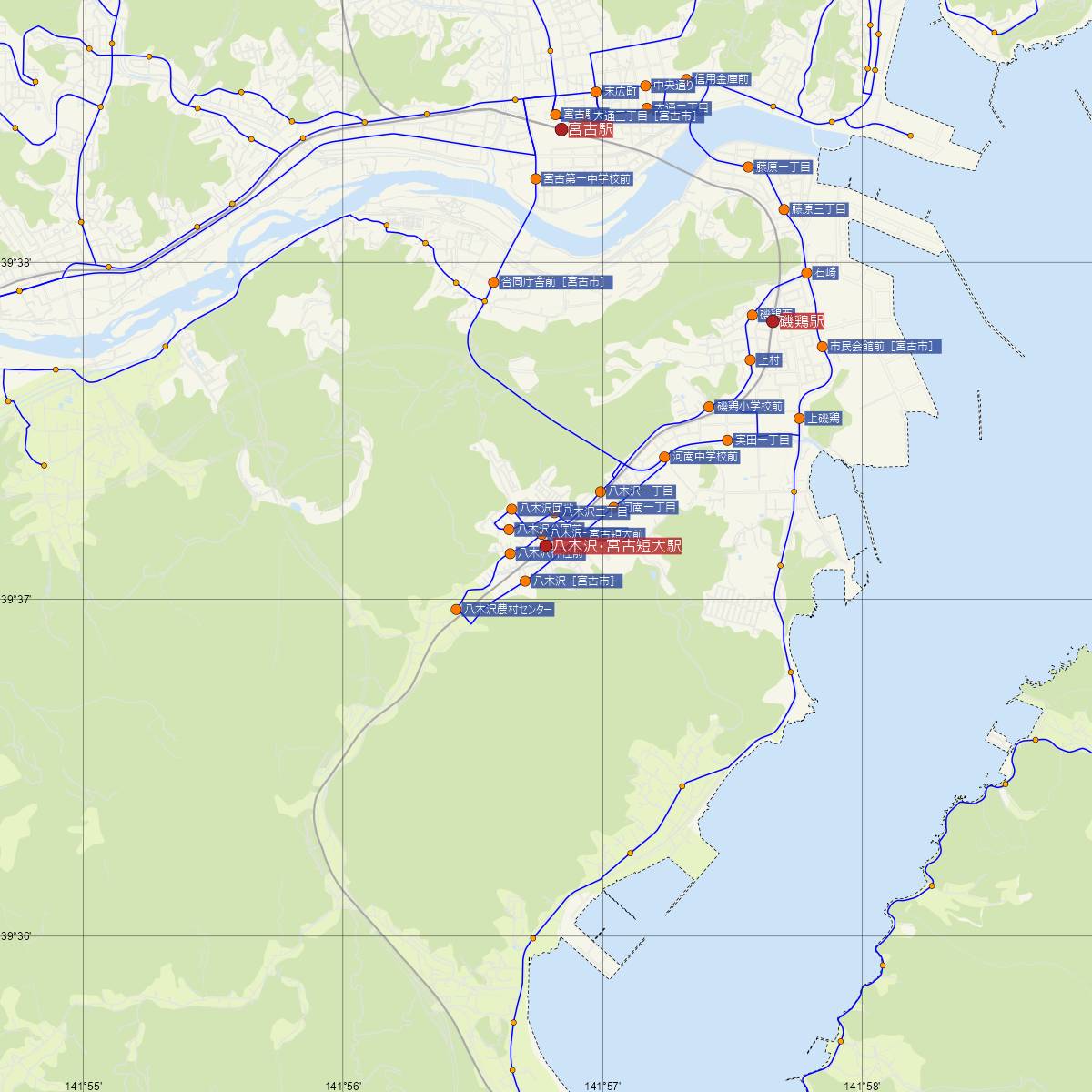 八木沢・宮古短大駅（三陸鉄道）周辺のバス路線図