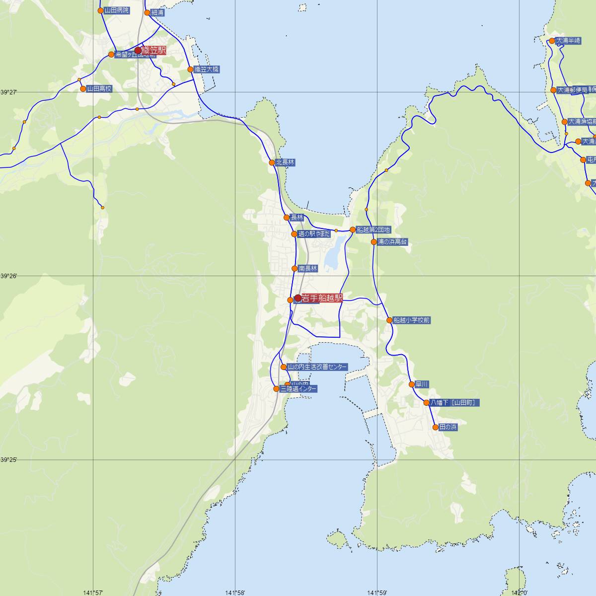 岩手船越駅（三陸鉄道）周辺のバス路線図