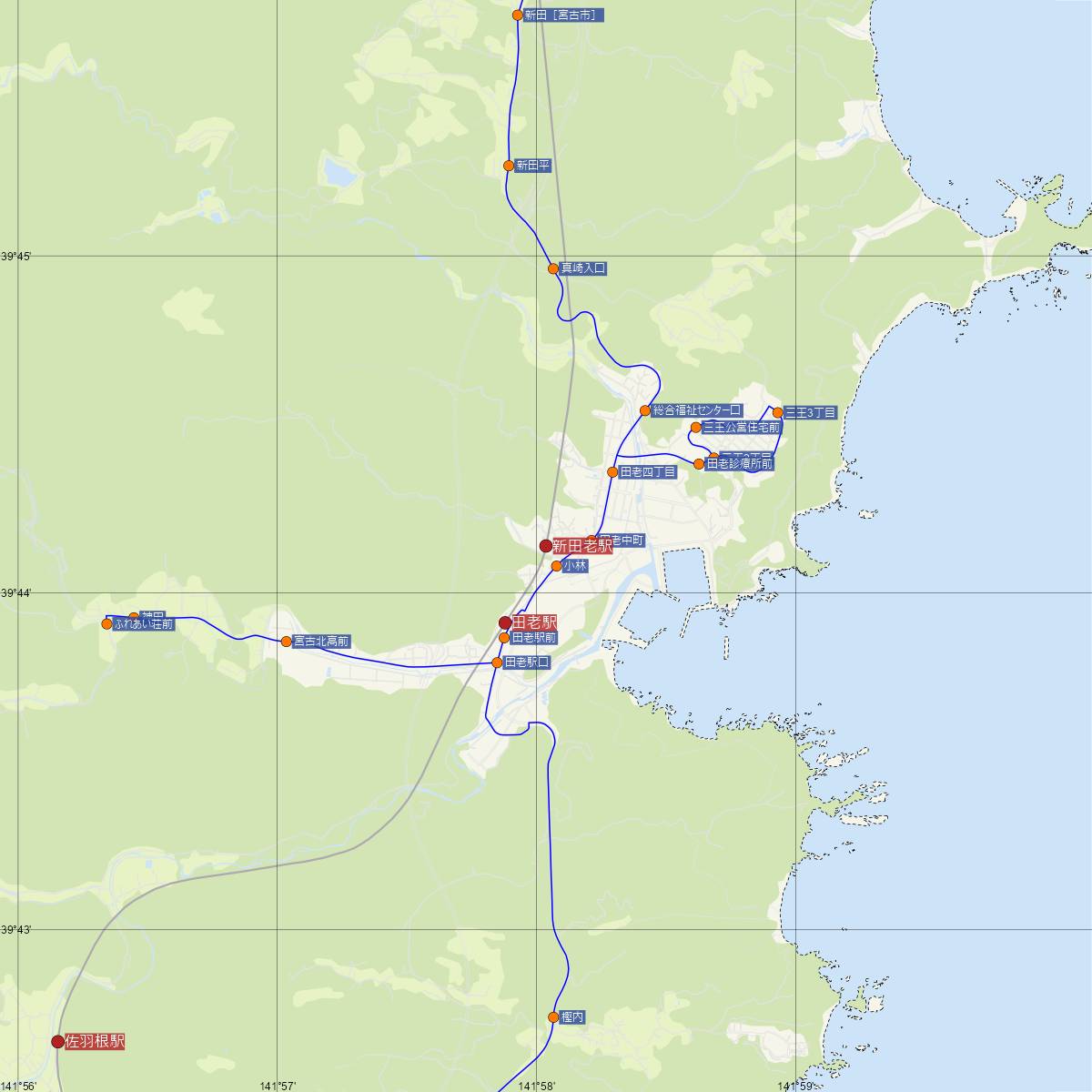 新田老駅（三陸鉄道）周辺のバス路線図