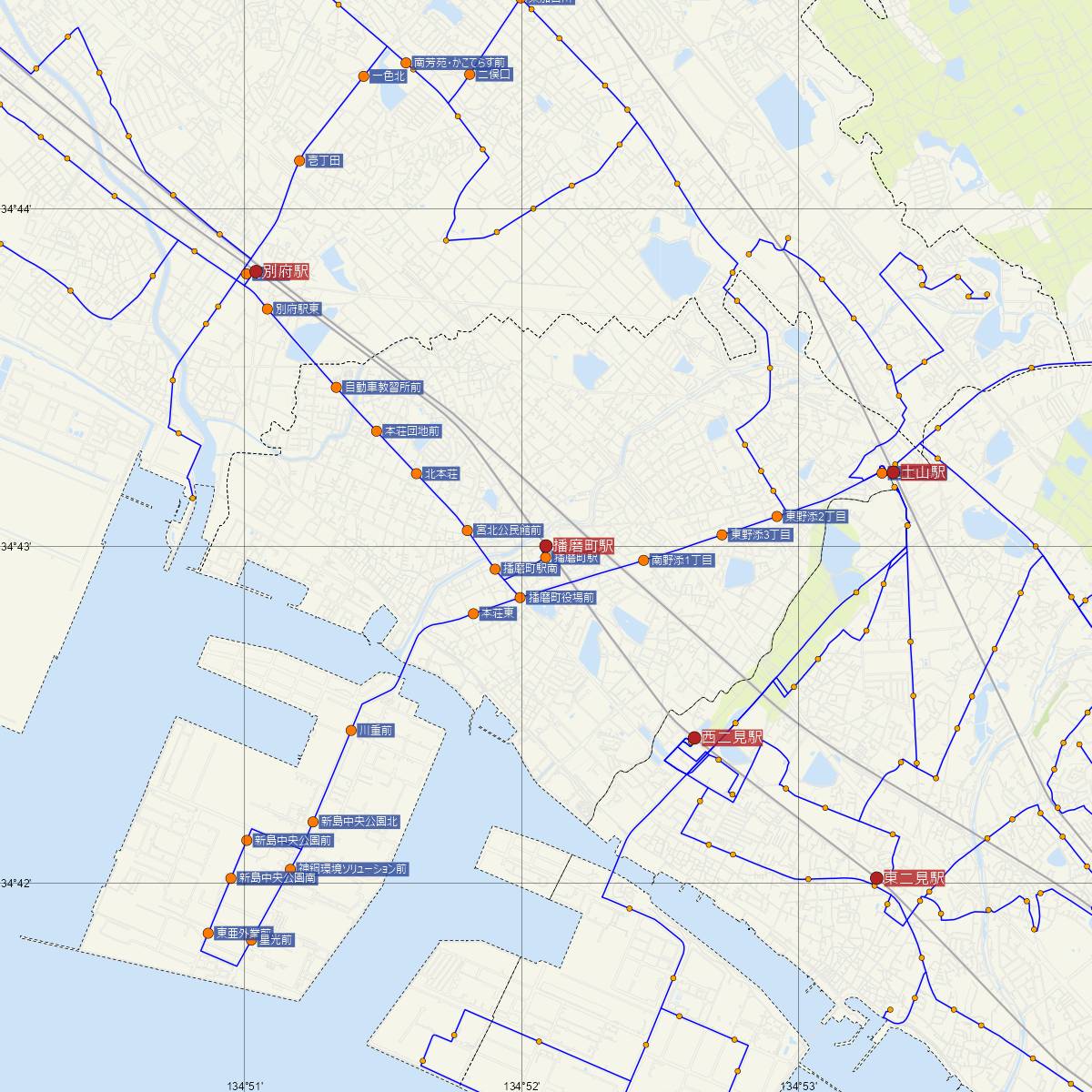 播磨町駅（山陽電車）周辺のバス路線図