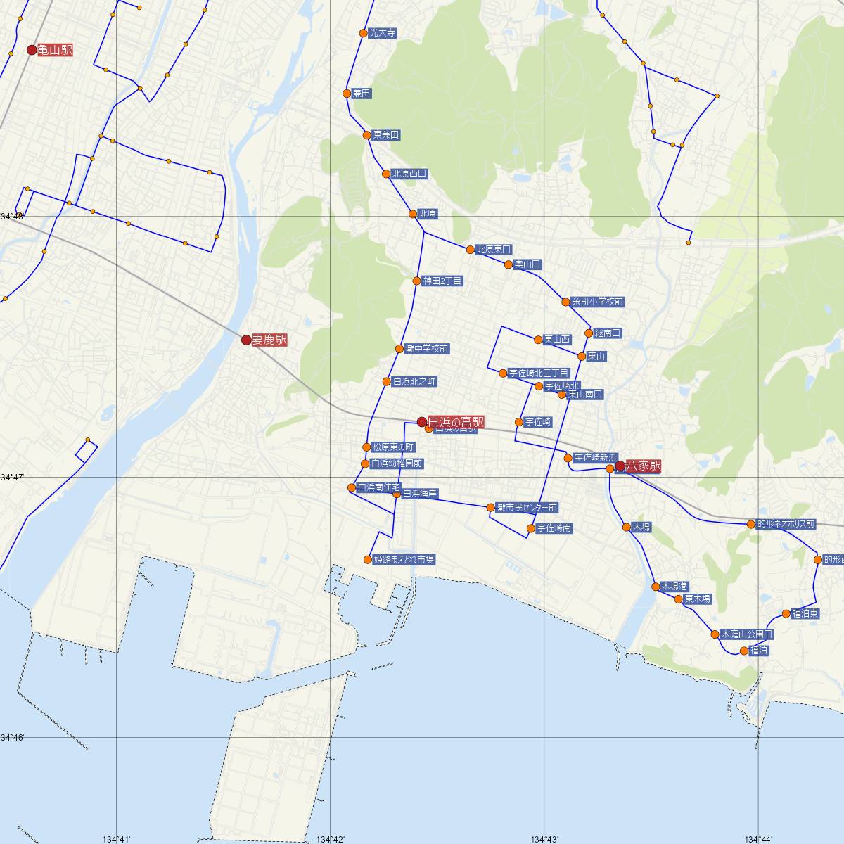 白浜の宮駅（山陽電車）周辺のバス路線図