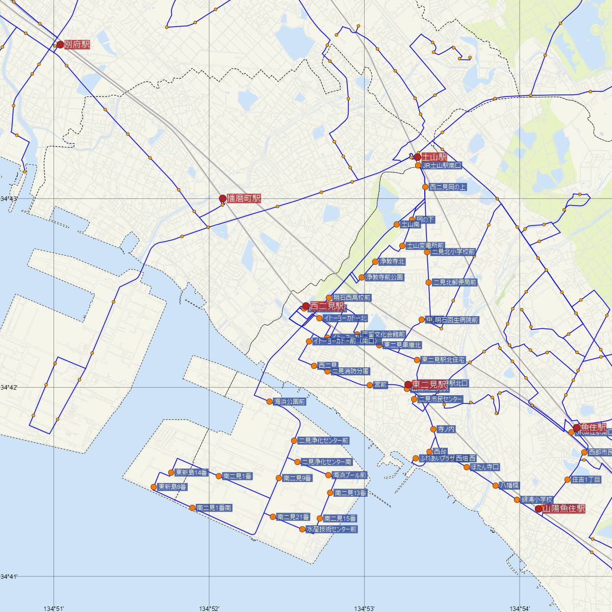 西二見駅（山陽電車）周辺のバス路線図