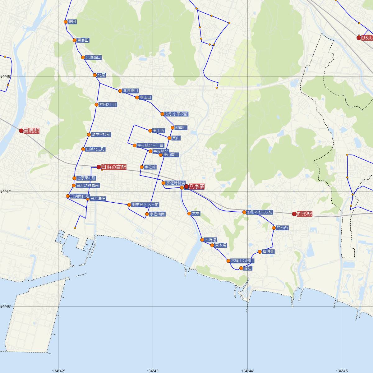 八家駅（山陽電車）周辺のバス路線図