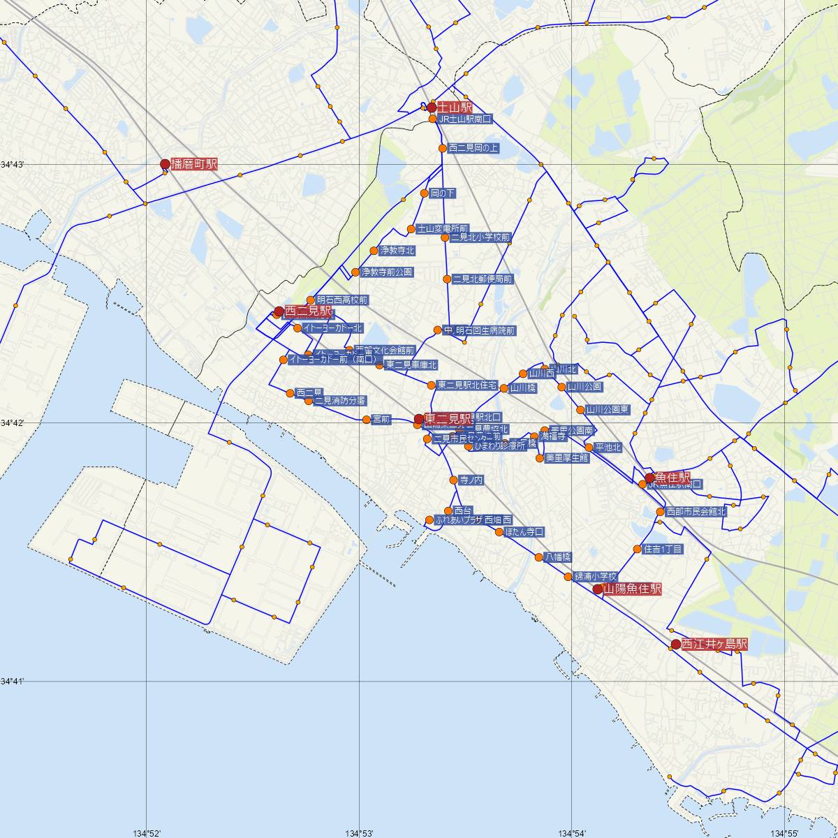 東二見駅（山陽電車）周辺のバス路線図