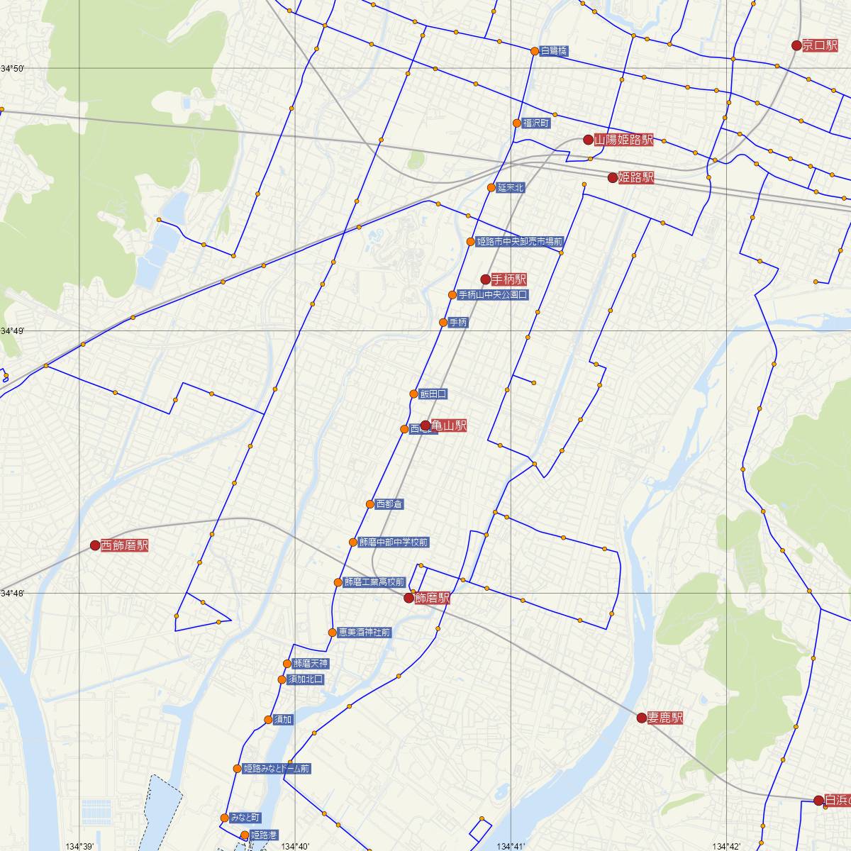 亀山駅（山陽電車）周辺のバス路線図
