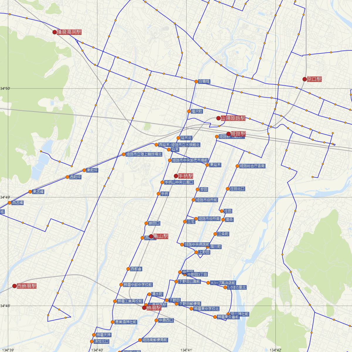 手柄駅（山陽電車）周辺のバス路線図