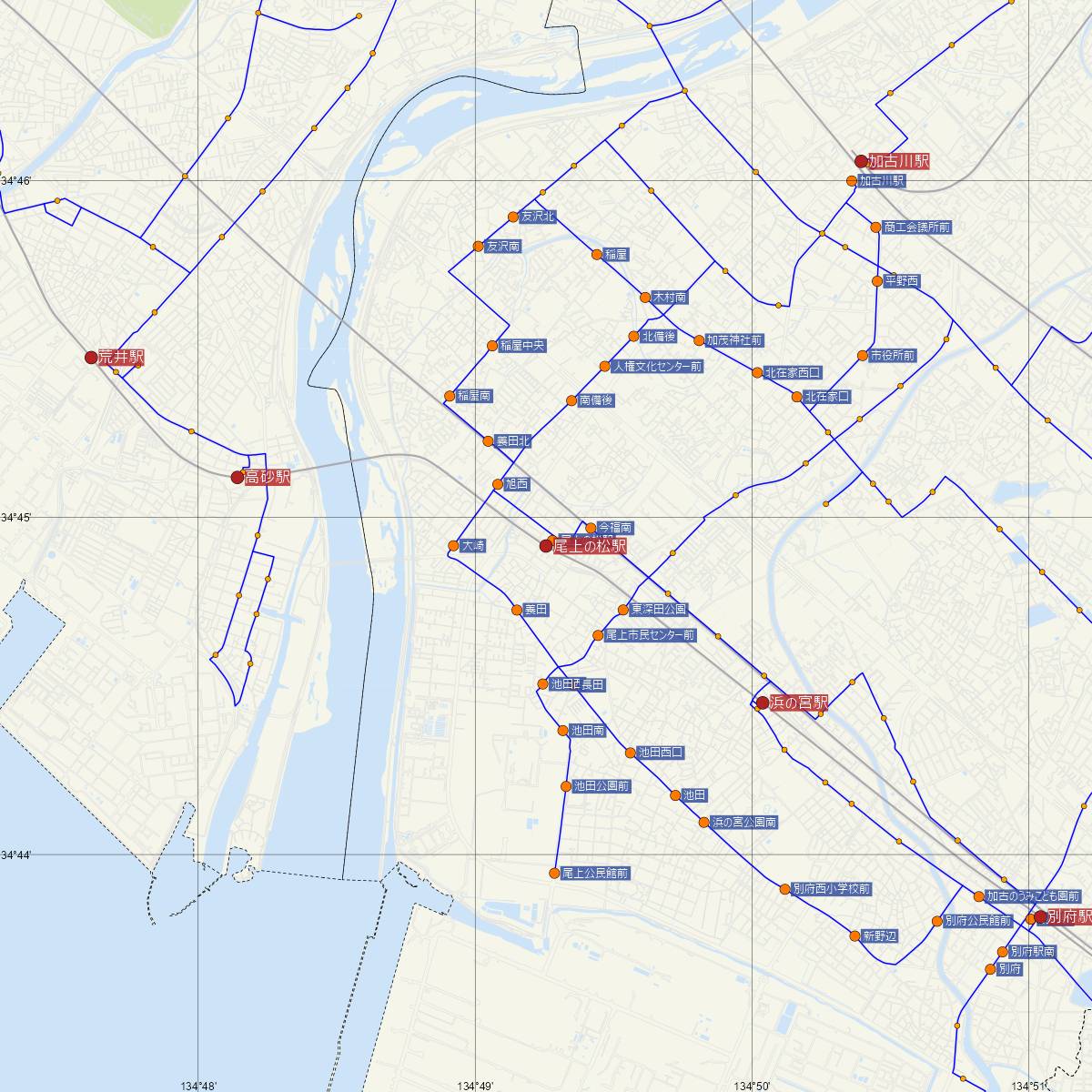 尾上の松駅（山陽電車）周辺のバス路線図