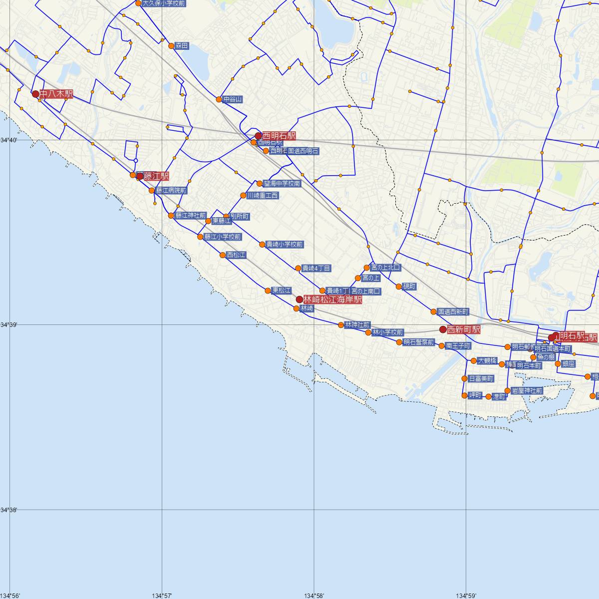林崎松江海岸駅（山陽電車）周辺のバス路線図