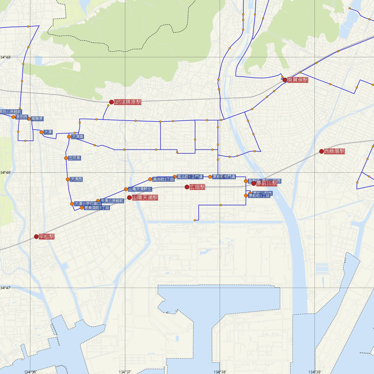 広畑駅（山陽電車）周辺のバス路線図