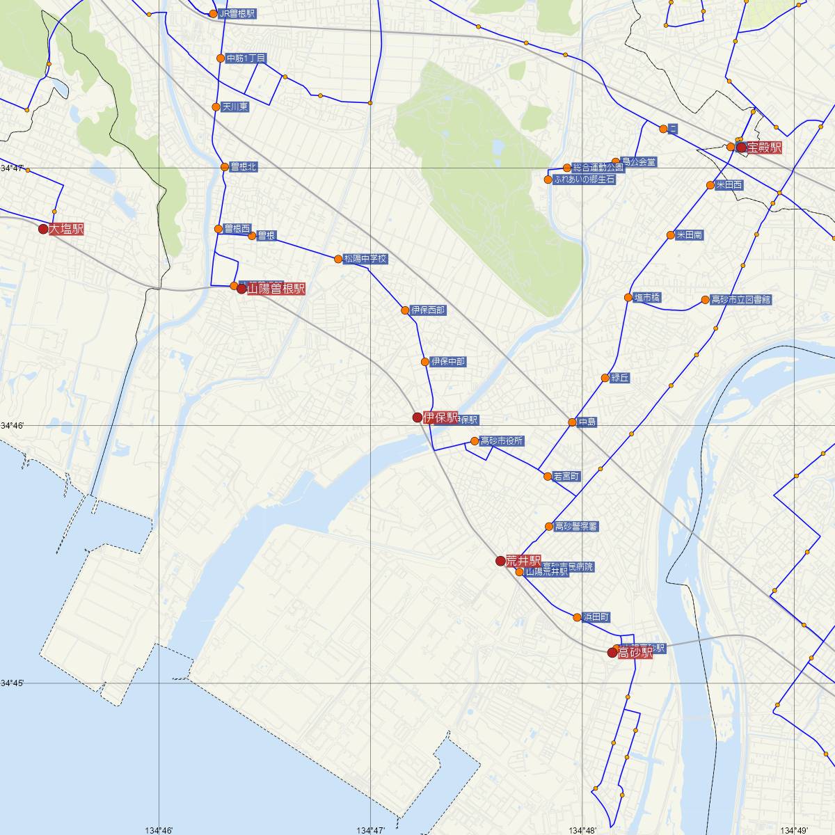 伊保駅（山陽電車）周辺のバス路線図