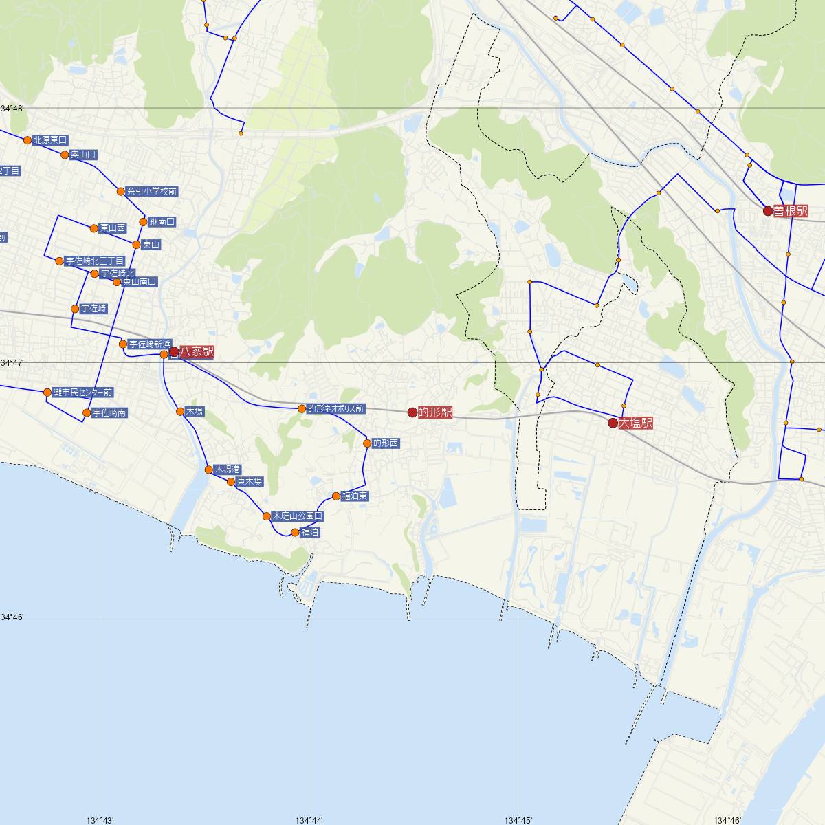 的形駅（山陽電車）周辺のバス路線図