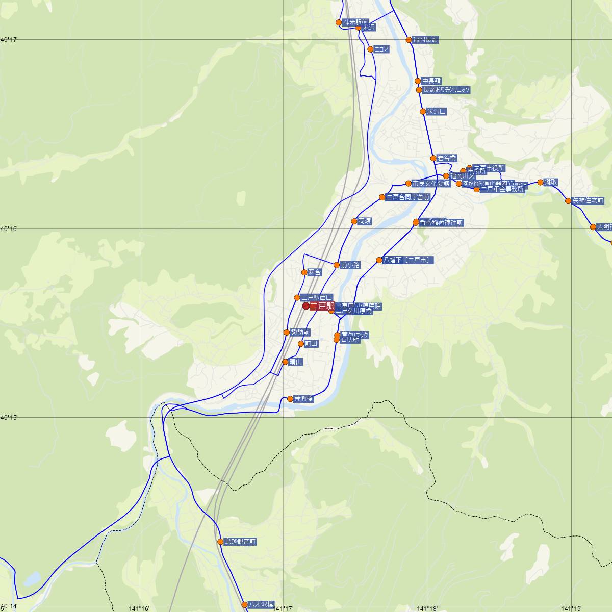 二戸駅（IGRいわて銀河鉄道）周辺のバス路線図