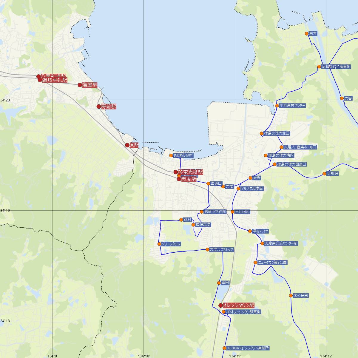 志度駅（JR四国）周辺のバス路線図