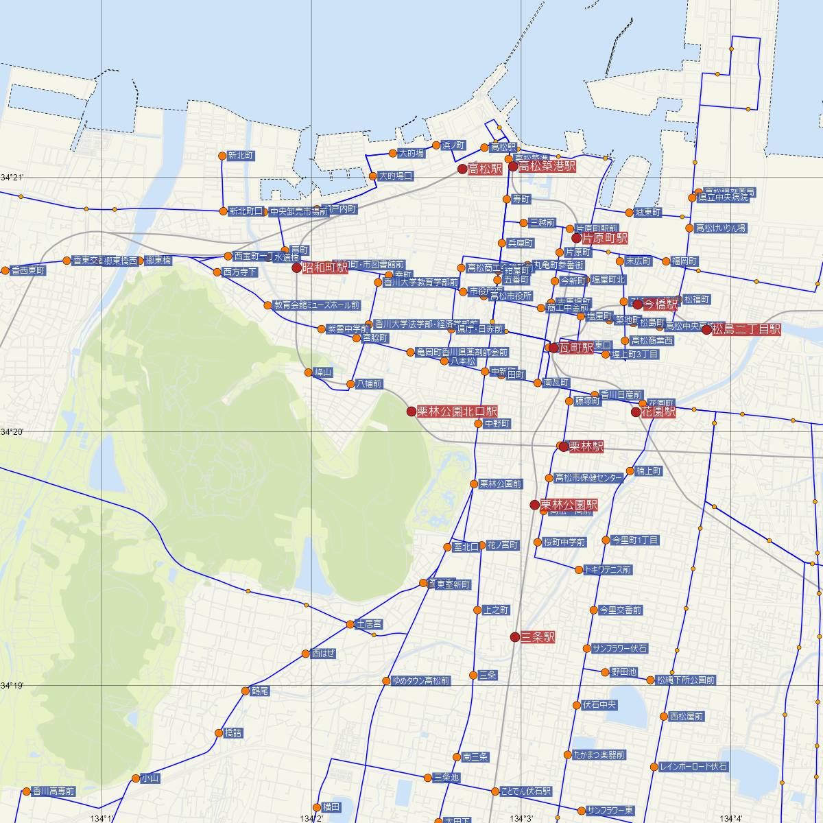 栗林公園北口駅（JR四国）周辺のバス路線図