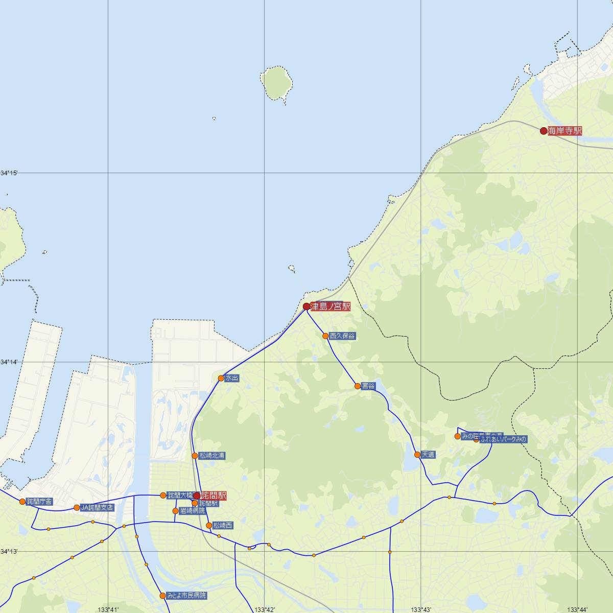 津島ノ宮駅（JR四国）周辺のバス路線図