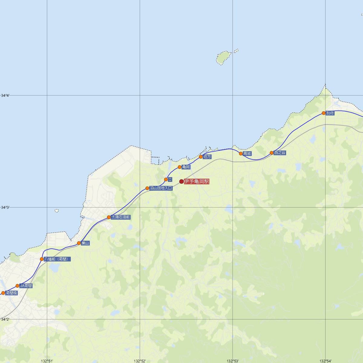 伊予亀岡駅（JR四国）周辺のバス路線図