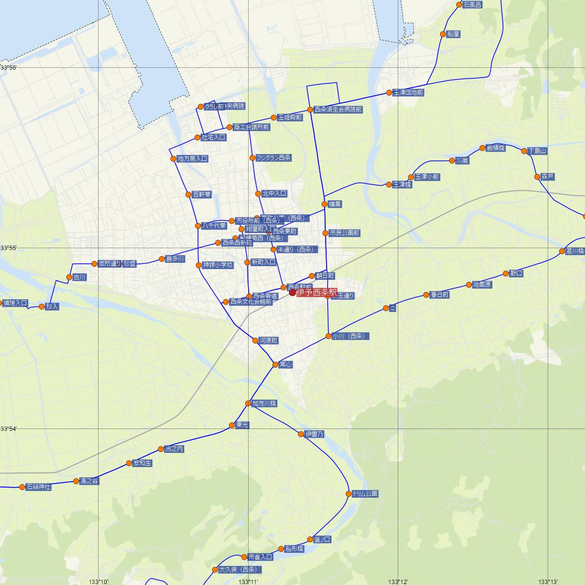 伊予西条駅（JR四国）周辺のバス路線図