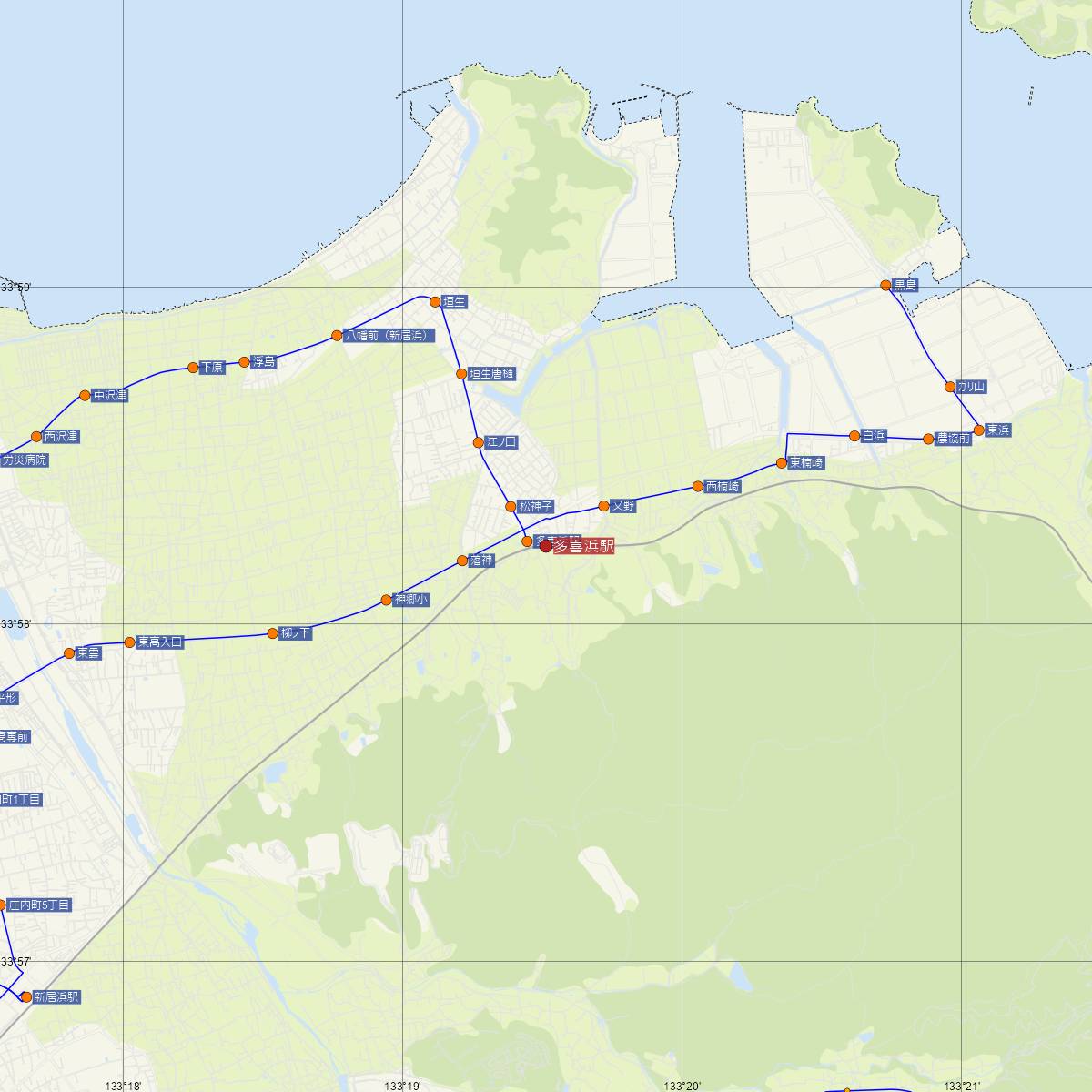 多喜浜駅（JR四国）周辺のバス路線図