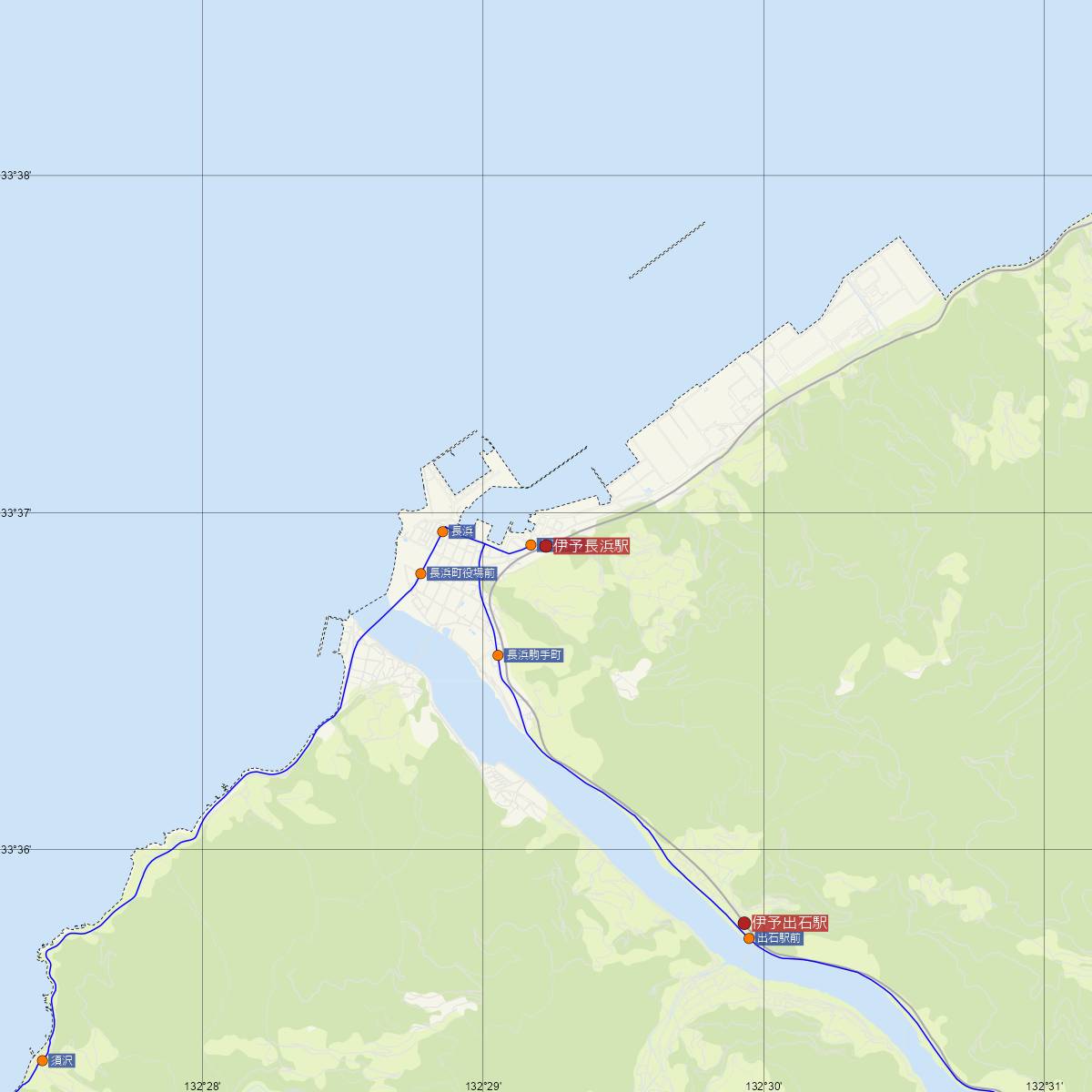 伊予長浜駅（JR四国）周辺のバス路線図