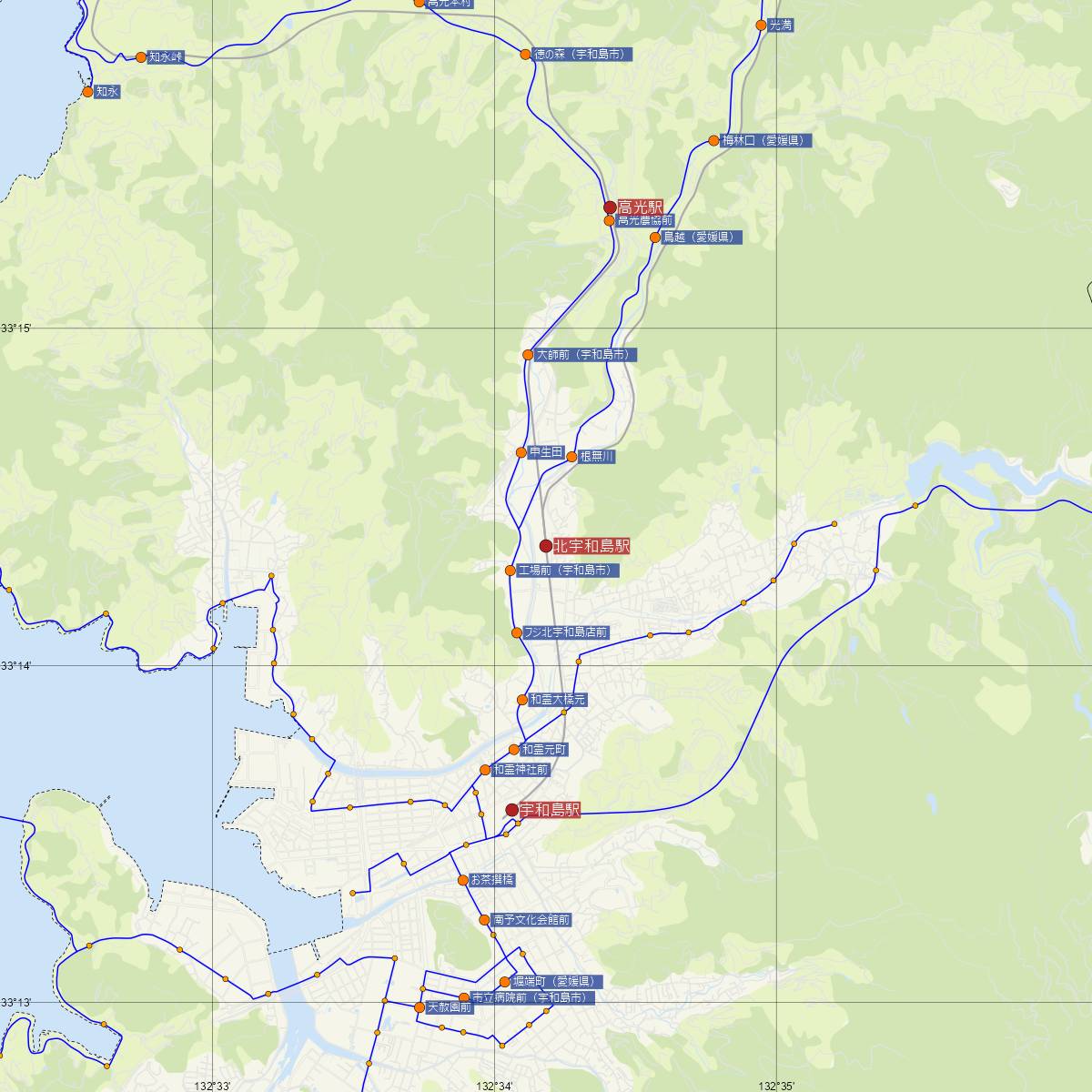 北宇和島駅（JR四国）周辺のバス路線図