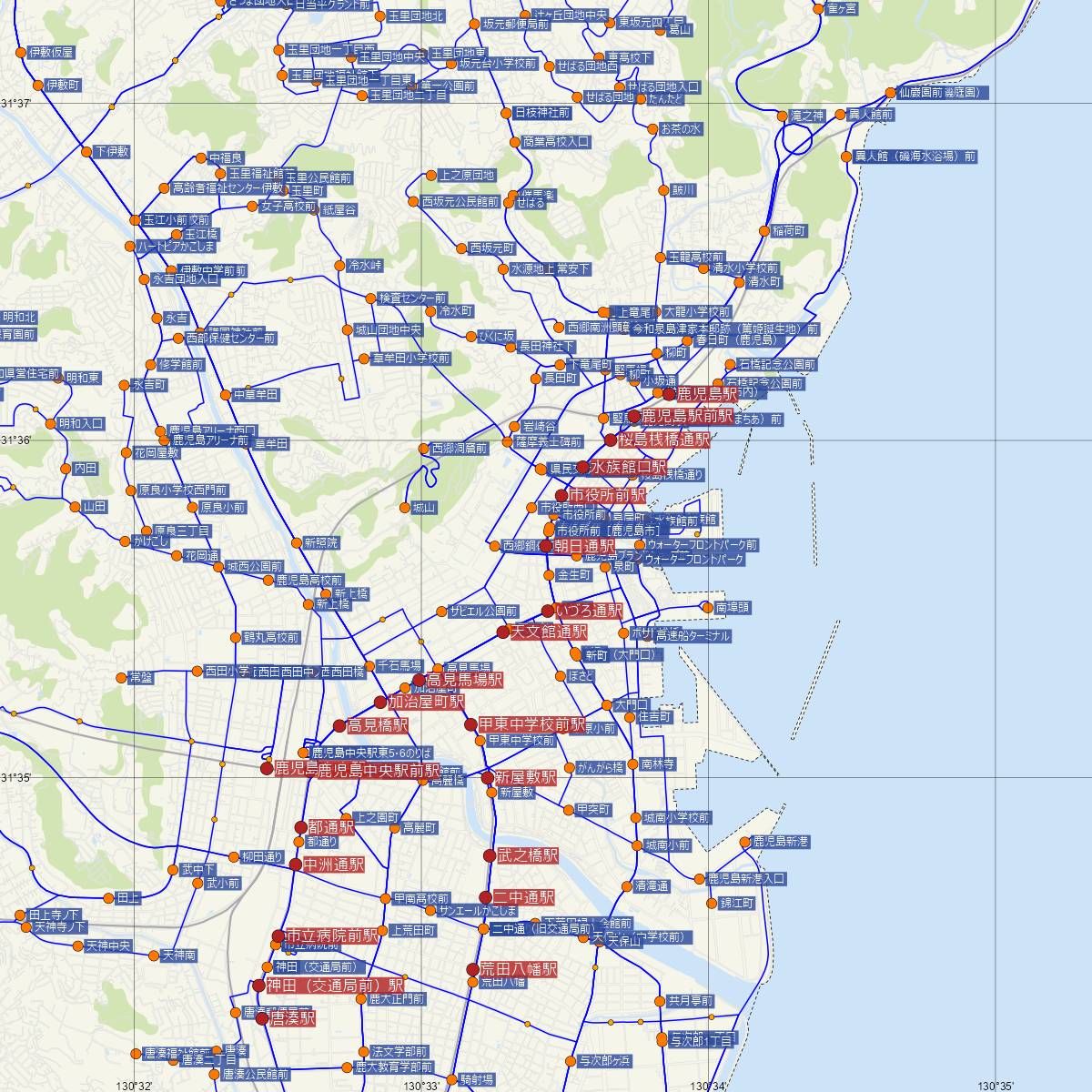 朝日通駅（鹿児島市電）周辺のバス路線図